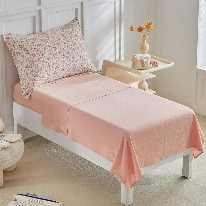 DuShow Toddler Bedding Set for Girls,4 Pieces Floral Toddler Girl Comforter Set,Super Soft Reversible Toddler Sheet Set,Lightweight Crib Bed Set -Pink - Image 5